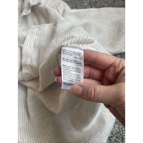Chico’s No-iron Button-up Linen Roll Sleeve Blouse Size 2 Large Tan White Stripe - Picture 9 of 9